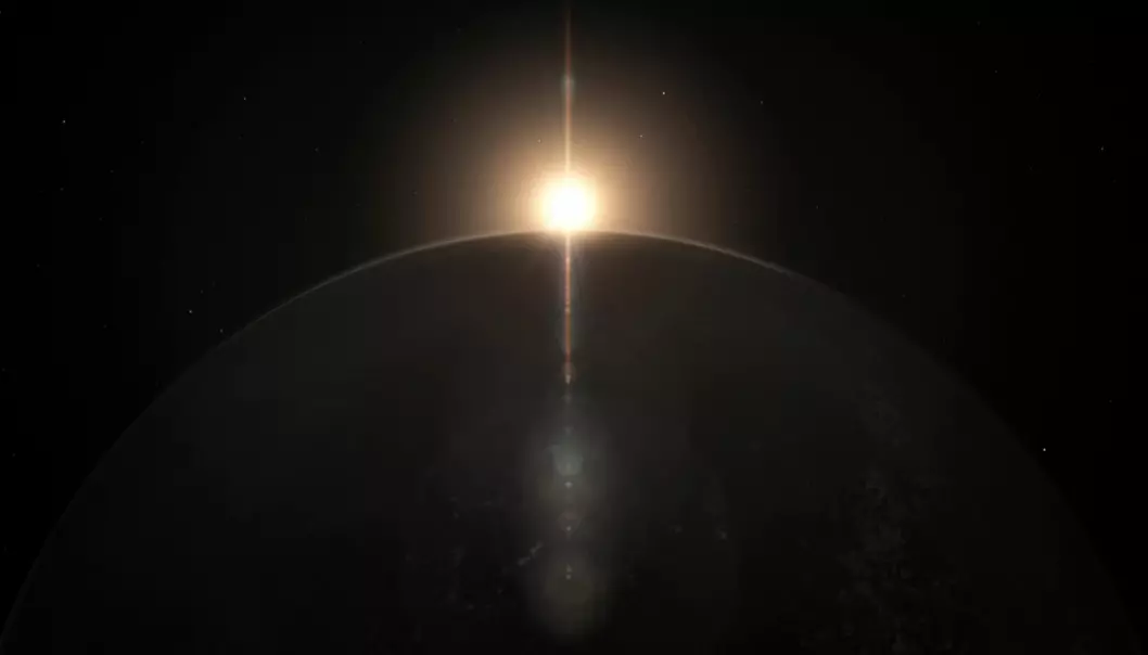 Planeten Ross 128 b er funnet i rundt en rød dvergstjerne bare 11 lysår fra Jorda – og den kommer stadig nærmere oss. Planeten kan ha større mulighet for liv enn den enda nærmere planeten Proxima B, fordi stjernen til Ross 128 b ikke sender ut drepende stråling. Planeten er funnet ved hjelp av ESOs planetjegerinstrument HARPS i Chiles ørken.  (Illustrasjon: Fra video publisert av ESO.)