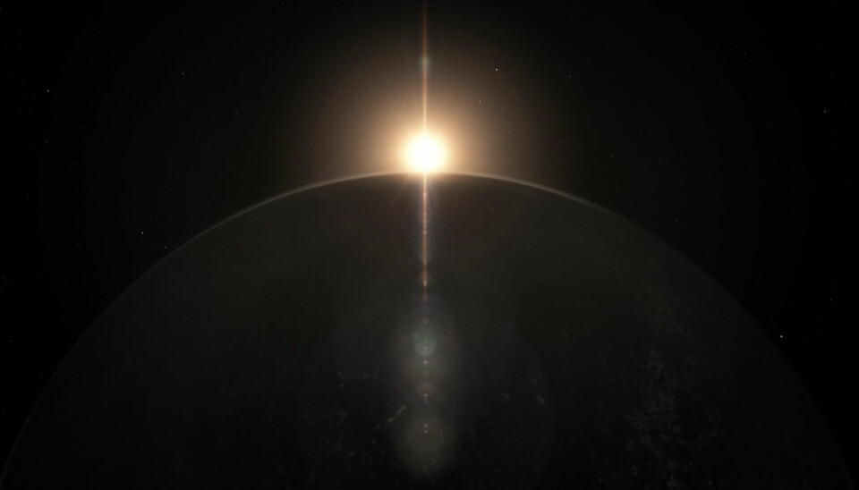 Planeten Ross 128 b er funnet i rundt en rød dvergstjerne bare 11 lysår fra Jorda – og den kommer stadig nærmere oss. Planeten kan ha større mulighet for liv enn den enda nærmere planeten Proxima B, fordi stjernen til Ross 128 b ikke sender ut drepende stråling. Planeten er funnet ved hjelp av ESOs planetjegerinstrument HARPS i Chiles ørken.  (Illustrasjon: Fra video publisert av ESO.)