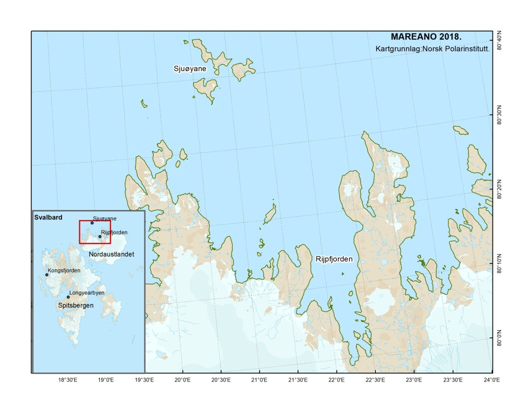 Kartet viser Rijpfjorden på Svalbard. Kartet viser Rijpfjorden på Svalbard.