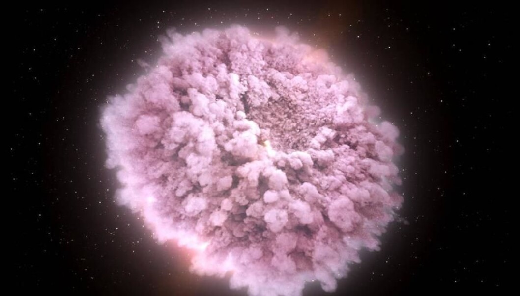 Sammenstøtet mellom to nøytronstjerner skapte en radioaktiv ildkule som utvidet seg ekstremt raskt – med en femtedel av lyshastigheten. (Illustrasjon: NASA Goddard Space Flight Center/CI Lab) Sammenstøtet mellom to nøytronstjerner skapte en radioaktiv ildkule som utvidet seg ekstremt raskt – med en femtedel av lyshastigheten. (Illustrasjon: NASA Goddard Space Flight Center/CI Lab)