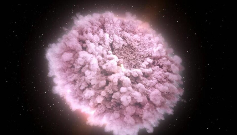 Sammenstøtet mellom to nøytronstjerner skapte en radioaktiv ildkule som utvidet seg ekstremt raskt – med en femtedel av lyshastigheten.  (Illustrasjon: NASA Goddard Space Flight Center/CI Lab)
