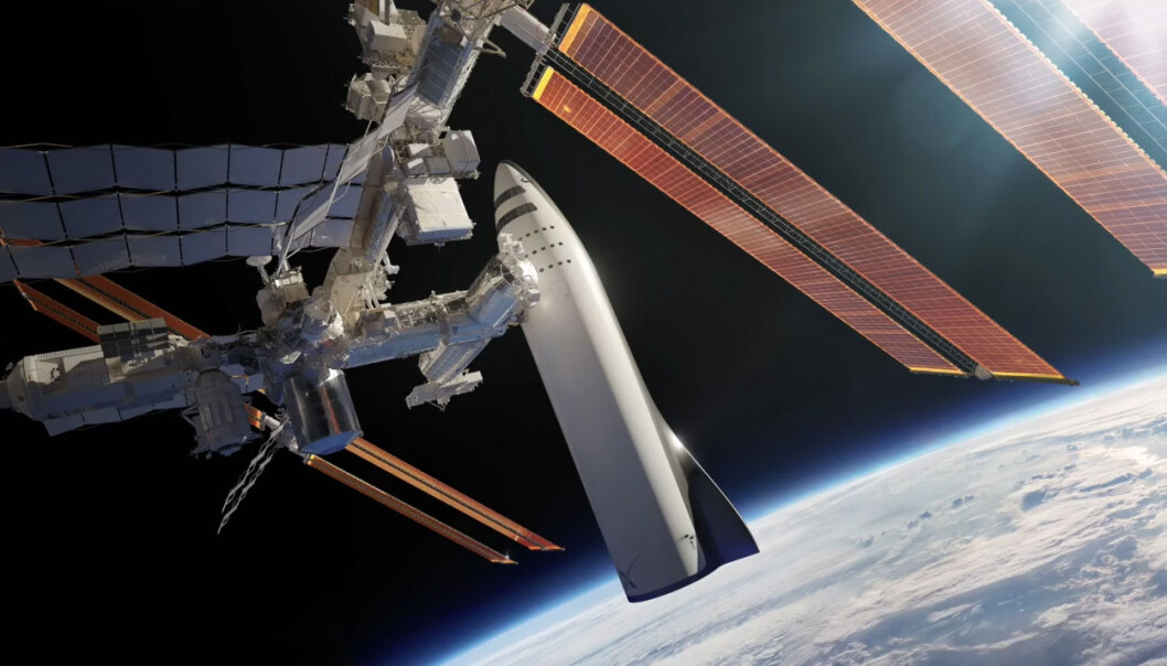 SpaceX vil vrake sine tidligere suksesser, raketten Falcon 9 og kapselen Dragon, til fordel for kjemperaketten BFR. Øverste trinn av denne raketten, BFS, skal kunne ta av fra Jorda og nå jordbane bare med egne rakettmotorer, ifølge lederen Elon Musk. Det blir i så fall det første romskip som klarer denne bragden. Her er BFS koblet til den internasjonale romstasjonen. (Illustrasjon: SpaceX, fra YouTube-video av foredraget Elon Musk holdt på romkongressen IAC i Adelaide, Australia 20.9.2017) SpaceX vil vrake sine tidligere suksesser, raketten Falcon 9 og kapselen Dragon, til fordel for kjemperaketten BFR. Øverste trinn av denne raketten, BFS, skal kunne ta av fra Jorda og nå jordbane bare med egne rakettmotorer, ifølge lederen Elon Musk. Det blir i så fall det første romskip som klarer denne bragden. Her er BFS koblet til den internasjonale romstasjonen. (Illustrasjon: SpaceX, fra YouTube-video av foredraget Elon Musk holdt på romkongressen IAC i Adelaide, Australia 20.9.2017)