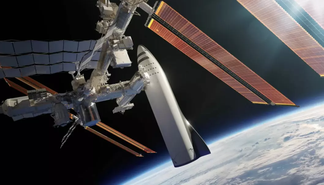SpaceX vil vrake sine tidligere suksesser, raketten Falcon 9 og kapselen Dragon, til fordel for kjemperaketten BFR. Øverste trinn av denne raketten, BFS, skal kunne ta av fra Jorda og nå jordbane bare med egne rakettmotorer, ifølge lederen Elon Musk. Det blir i så fall det første romskip som klarer denne bragden. Her er BFS koblet til den internasjonale romstasjonen. (Illustrasjon: SpaceX, fra YouTube-video av foredraget Elon Musk holdt på romkongressen IAC i Adelaide, Australia 20.9.2017)