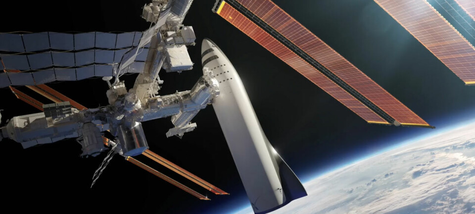 SpaceX vil vrake sine tidligere suksesser, raketten Falcon 9 og kapselen Dragon, til fordel for kjemperaketten BFR. Øverste trinn av denne raketten, BFS, skal kunne ta av fra Jorda og nå jordbane bare med egne rakettmotorer, ifølge lederen Elon Musk. Det blir i så fall det første romskip som klarer denne bragden. Her er BFS koblet til den internasjonale romstasjonen. (Illustrasjon: SpaceX, fra YouTube-video av foredraget Elon Musk holdt på romkongressen IAC i Adelaide, Australia 20.9.2017)