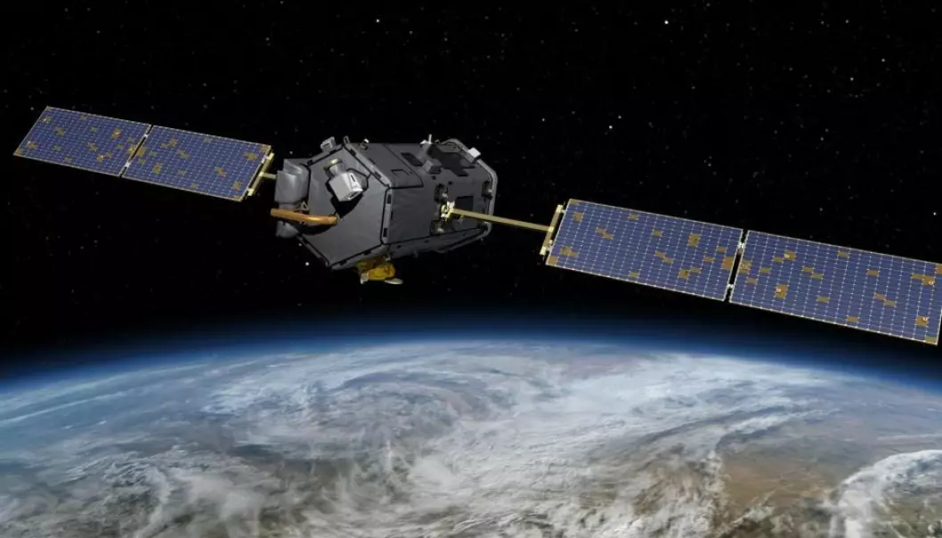 Satellitten OCO-2 har siden 2014 sendt millioner av målinger av CO₂ i atmosfæren tilbake til forskere på jorden.  (Illustrasjon: NASA)
