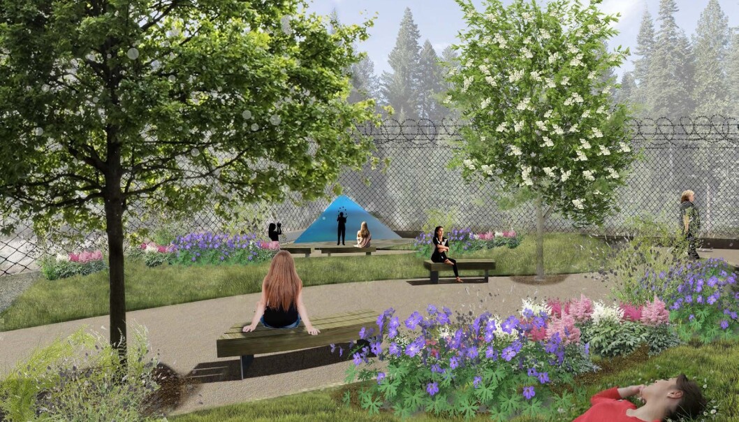 Drivhus i pyramideform, blomster, gress og planter i nærheten av benker og andre oppholdssteder er noe av det landskapsarkitekten foreslår for å skape sunnere omgivelser for innsatte i kvinneavdelingen i Stavanger fengsel. (Illustrasjon: Pirjetta Fagerli) Drivhus i pyramideform, blomster, gress og planter i nærheten av benker og andre oppholdssteder er noe av det landskapsarkitekten foreslår for å skape sunnere omgivelser for innsatte i kvinneavdelingen i Stavanger fengsel. (Illustrasjon: Pirjetta Fagerli)