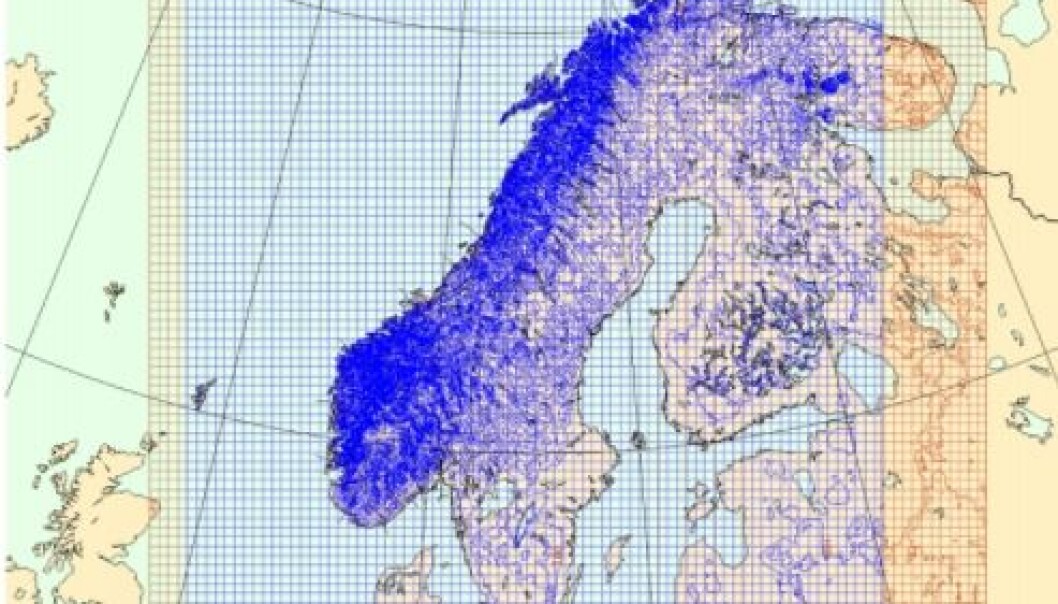 Figuren viser området som de nordiske landene bruker i beregningene sine. (Figur: Meteorologisk institutt) Figuren viser området som de nordiske landene bruker i beregningene sine. (Figur: Meteorologisk institutt)