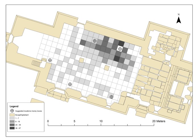 Slik fordelte funn av nåler seg under kirkegulvet i den nå svært godt undersøkte Bunge kirke på Gotland. Det var kvinner som brukte slike nåler. (Kart: Steinar Kristensen og Christoph Kilger / UiO og Uppsala Universitet) Slik fordelte funn av nåler seg under kirkegulvet i den nå svært godt undersøkte Bunge kirke på Gotland. Det var kvinner som brukte slike nåler. (Kart: Steinar Kristensen og Christoph Kilger / UiO og Uppsala Universitet)