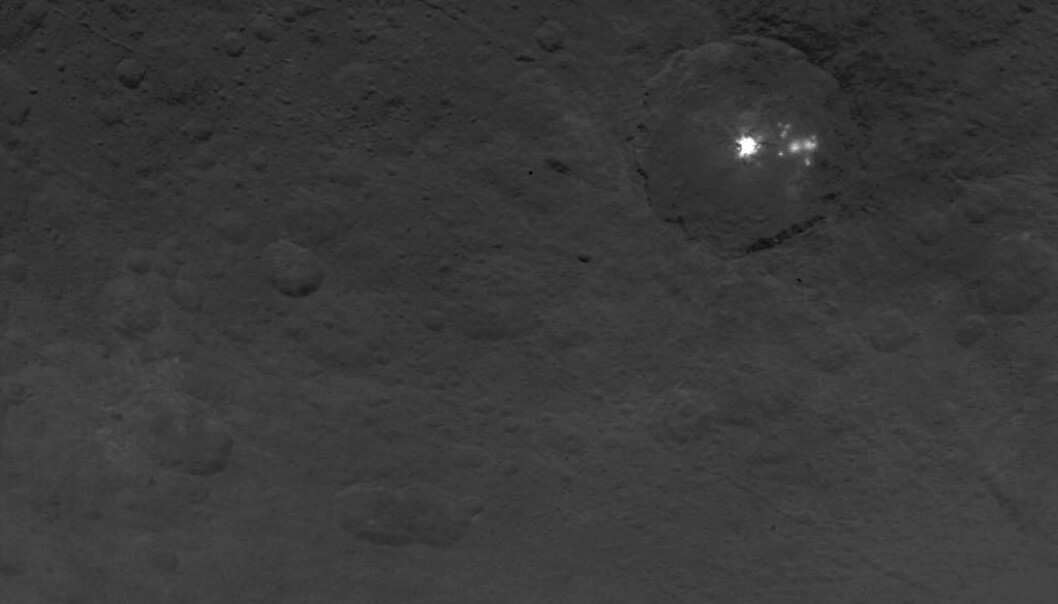 De lyse flekkene på Ceres. (Bilde: NASA/JPL-Caltech/UCLA/MPS/DLR/IDA De lyse flekkene på Ceres. (Bilde: NASA/JPL-Caltech/UCLA/MPS/DLR/IDA