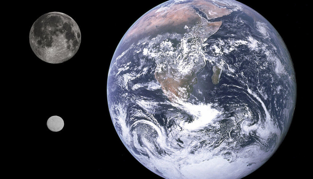 Størrelsessammenligning mellom månen, Ceres (den lille hvite) og jorden. (Bilde: Gregory H. Revera, NASA/JPL-Caltech/UCLA/MPS/DLR/IDA) Størrelsessammenligning mellom månen, Ceres (den lille hvite) og jorden. (Bilde: Gregory H. Revera, NASA/JPL-Caltech/UCLA/MPS/DLR/IDA)