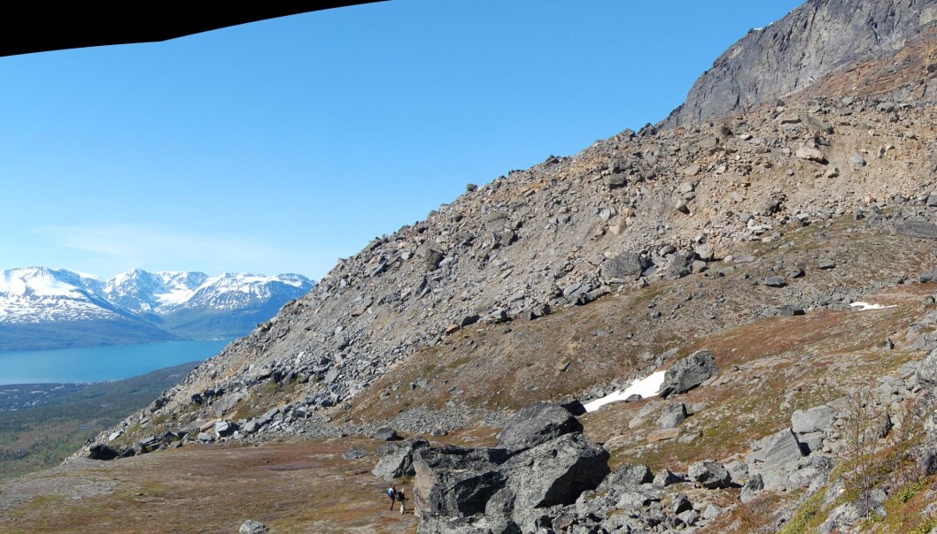 Her er den raskeste steinbreen i fjellområdet Ádjet i Skibotndalen i Troms. Bak til venstre skimtes tettstedet Skibotn og Lyngenfjorden. (Foto: Harald Øverli Eriksen) Her er den raskeste steinbreen i fjellområdet Ádjet i Skibotndalen i Troms. Bak til venstre skimtes tettstedet Skibotn og Lyngenfjorden. (Foto: Harald Øverli Eriksen)