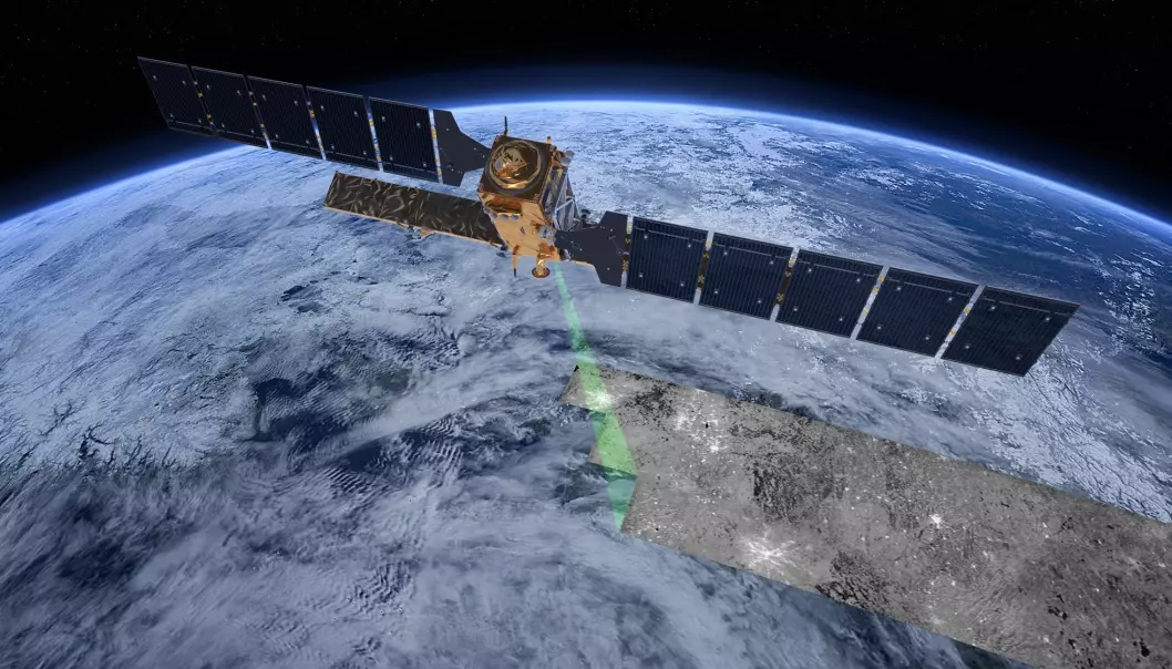 Radarsatellitten Sentinel-1 ser gjennom skyer og mørke. Derfor kan den brukes til å holde øye med orkaner. Illustrasjon: ESA/ATG medialab