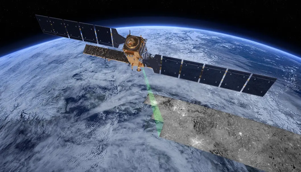 Radarsatellitten Sentinel-1 ser gjennom skyer og mørke. Derfor kan den brukes til å holde øye med orkaner. Illustrasjon: ESA/ATG medialab Radarsatellitten Sentinel-1 ser gjennom skyer og mørke. Derfor kan den brukes til å holde øye med orkaner. Illustrasjon: ESA/ATG medialab