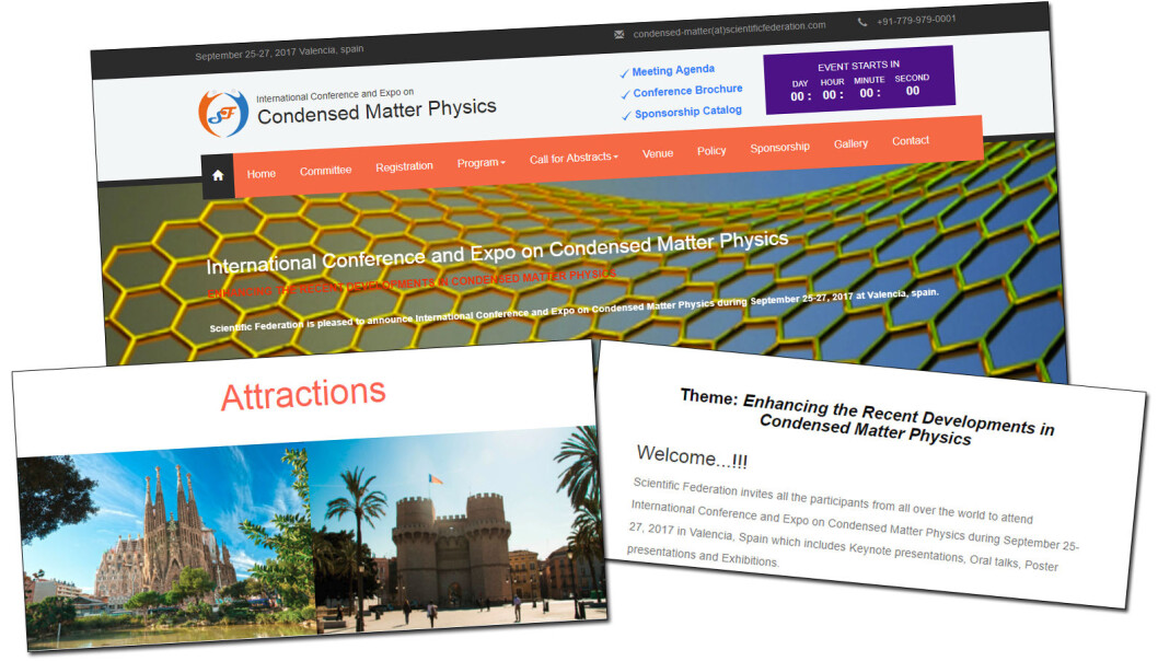 På nettsida til arrangøren av «International Conference and Expo on Condensed Matter Physics» har dei blant anna eit bilete av La Sagrada Familia, det mest kjende landemerket i Barcelona. Konferansen vart arrangert i Valencia. (Faksimile: forskning.no) På nettsida til arrangøren av «International Conference and Expo on Condensed Matter Physics» har dei blant anna eit bilete av La Sagrada Familia, det mest kjende landemerket i Barcelona. Konferansen vart arrangert i Valencia. (Faksimile: forskning.no)