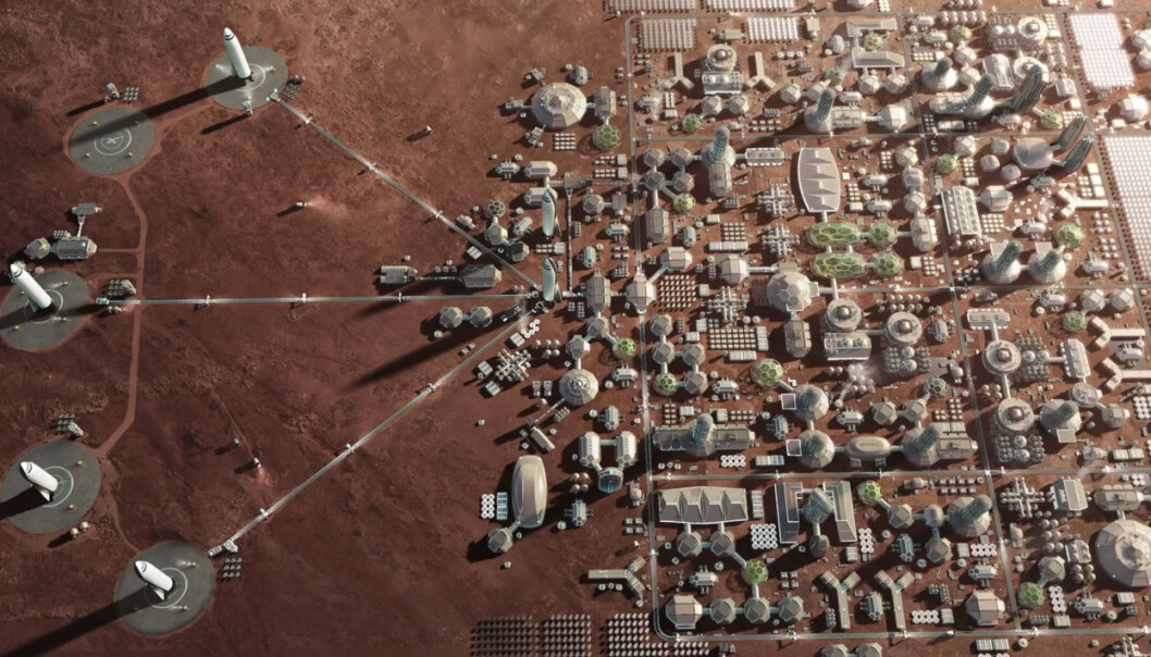 På sikt ønsker Elon Musk å terraforme Mars – gjøre planeten beboelig med luft vi kan puste og vann på overflaten, som for lenge siden da Mars var ung. Raketten BFR skal etter planene gå i skytteltrafikk fra Jorda med mennesker som vil bygge byer og gjøre oss til en flerplanetarisk art. (Illustrasjon: SpaceX, fra YouTube-video av foredraget Elon Musk holdt på romkongressen IAC i Adelaide, Australia 20.9.2017) På sikt ønsker Elon Musk å terraforme Mars – gjøre planeten beboelig med luft vi kan puste og vann på overflaten, som for lenge siden da Mars var ung. Raketten BFR skal etter planene gå i skytteltrafikk fra Jorda med mennesker som vil bygge byer og gjøre oss til en flerplanetarisk art. (Illustrasjon: SpaceX, fra YouTube-video av foredraget Elon Musk holdt på romkongressen IAC i Adelaide, Australia 20.9.2017)