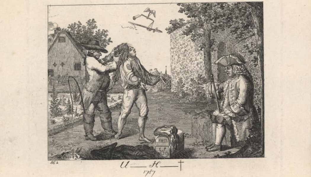 En satiretegning over utnyttelsen av leilendingene tegnet i 1787 – året før stavnsbåndet oppheves. Se dette og mange andre fascinerende illustrasjoner fra Det kongelige biblioteks arkiv i denne artikkelen. (Bilde: Det kongelige bibliotek) En satiretegning over utnyttelsen av leilendingene tegnet i 1787 – året før stavnsbåndet oppheves. Se dette og mange andre fascinerende illustrasjoner fra Det kongelige biblioteks arkiv i denne artikkelen. (Bilde: Det kongelige bibliotek)