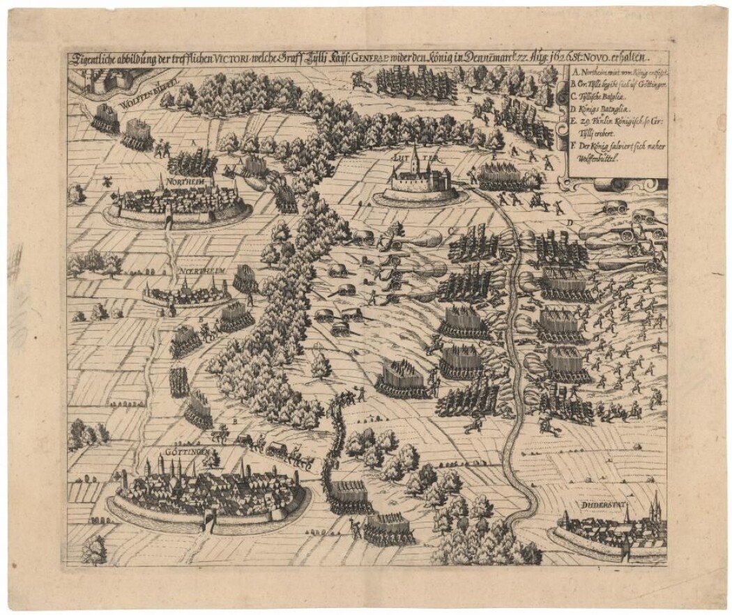 På grafikken ser vi et overblikk over slaget ved Lutter am Barenberg. D-en på grafikken viser, hvor Christian IV s tropper angrep. Overfor er en annen styrke markert med en c. Den er under kommando av den tysk-romerske generalen Tilly. (Illustrasjon: Det kongelige bibliotek) På grafikken ser vi et overblikk over slaget ved Lutter am Barenberg. D-en på grafikken viser, hvor Christian IV s tropper angrep. Overfor er en annen styrke markert med en c. Den er under kommando av den tysk-romerske generalen Tilly. (Illustrasjon: Det kongelige bibliotek)