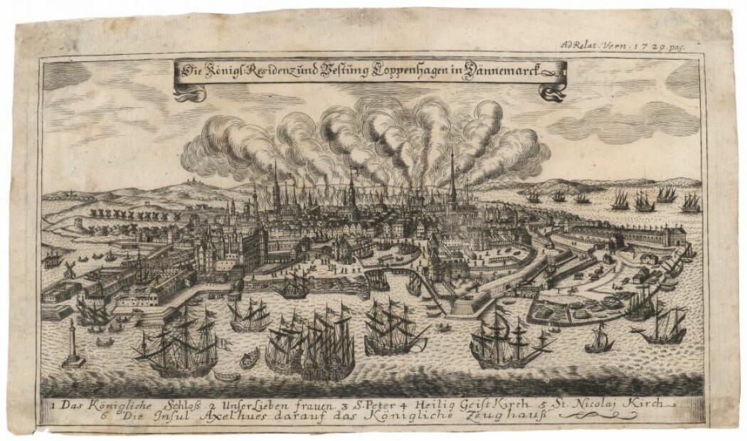 Brannen raste i over 60 timer og ble først slukket 23. oktober 1728. (Trykk: Det kongelige bibliotek)