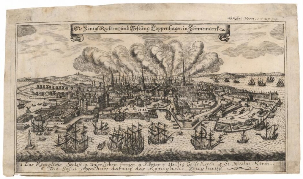 Brannen raste i over 60 timer og ble først slukket 23. oktober 1728. (Trykk: Det kongelige bibliotek) Brannen raste i over 60 timer og ble først slukket 23. oktober 1728. (Trykk: Det kongelige bibliotek)