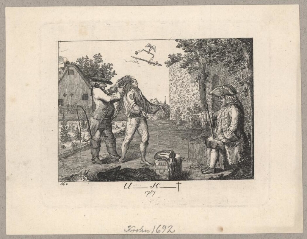 Satire over de vanskelige forholdene bøndene levde under. En leilending må avlevere klærne sine i festeavgift, så han står nesten avkledd tilbake. Utgitt i 1787, året før stavnsbåndet ble opphevet, og mens den store landbokommisjonen arbeidet med de nye landbruksreformene. (Grafikk: Det Kongelige Danske Bibliotek) Satire over de vanskelige forholdene bøndene levde under. En leilending må avlevere klærne sine i festeavgift, så han står nesten avkledd tilbake. Utgitt i 1787, året før stavnsbåndet ble opphevet, og mens den store landbokommisjonen arbeidet med de nye landbruksreformene. (Grafikk: Det Kongelige Danske Bibliotek)