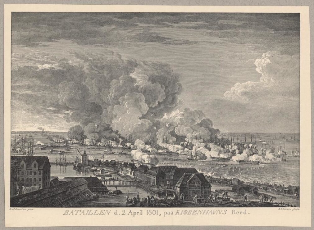 «Bataillen den 2. April 1801 på Kiøbenhavns Rhed». Reproduksjon av kobberstikk av Johan Fredrik Clemens (1748–1831). Kobberstikket er laget etter maleri av den danske maleren Christian August Lorentzen (1746–1828). (Illustrasjon: Det kongelige bibliotek) «Bataillen den 2. April 1801 på Kiøbenhavns Rhed». Reproduksjon av kobberstikk av Johan Fredrik Clemens (1748–1831). Kobberstikket er laget etter maleri av den danske maleren Christian August Lorentzen (1746–1828). (Illustrasjon: Det kongelige bibliotek)