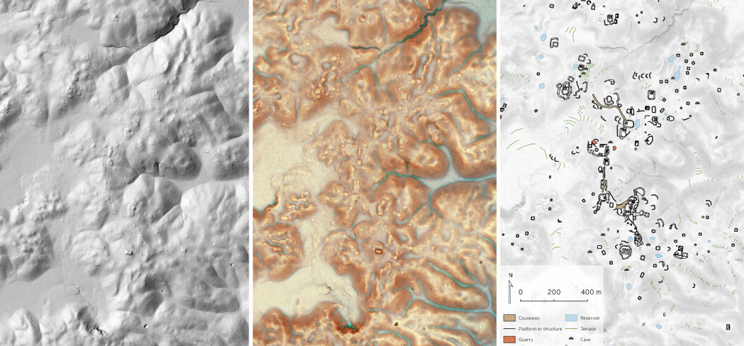 Eksempel på lidar-bilder fra undersøkelsen. Til høyre ser du strukturer som har blitt markert og vurdert av arkeologene. (Bilde: Luke Auld Thomas/Marcello A Canuto/PACUNAM) Eksempel på lidar-bilder fra undersøkelsen. Til høyre ser du strukturer som har blitt markert og vurdert av arkeologene. (Bilde: Luke Auld Thomas/Marcello A Canuto/PACUNAM)
