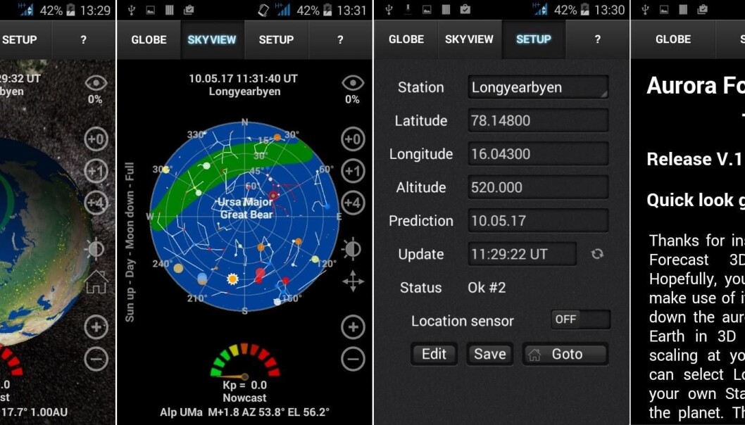 Slik ser appen Aurora Forecast 3D ut. (Bilde: UNIS) Slik ser appen Aurora Forecast 3D ut. (Bilde: UNIS)