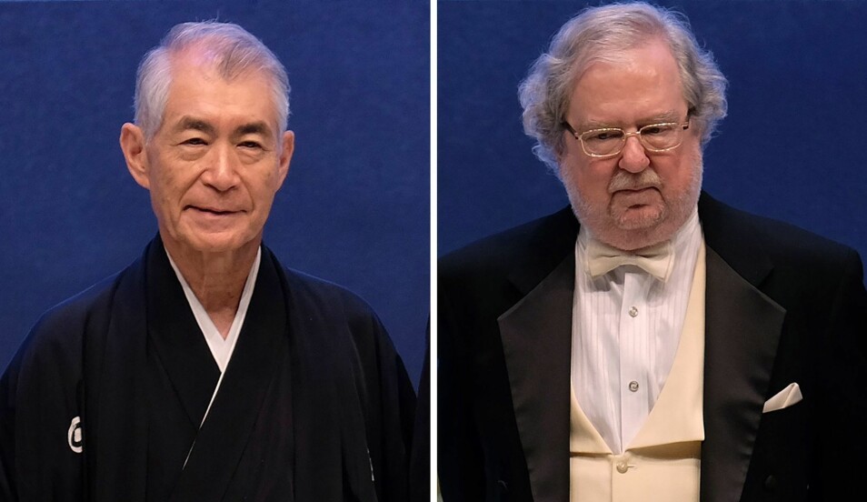Tasuku Honjo (til venstre) og James P. Allison deler nobelprisen i medisin i 2018. Bildene er fra et arrangement prisvinnerne deltok på i september 2014, i Taipei, Taiwan. (Foto: Sam Yeh / AFP / NTB Scanpix)