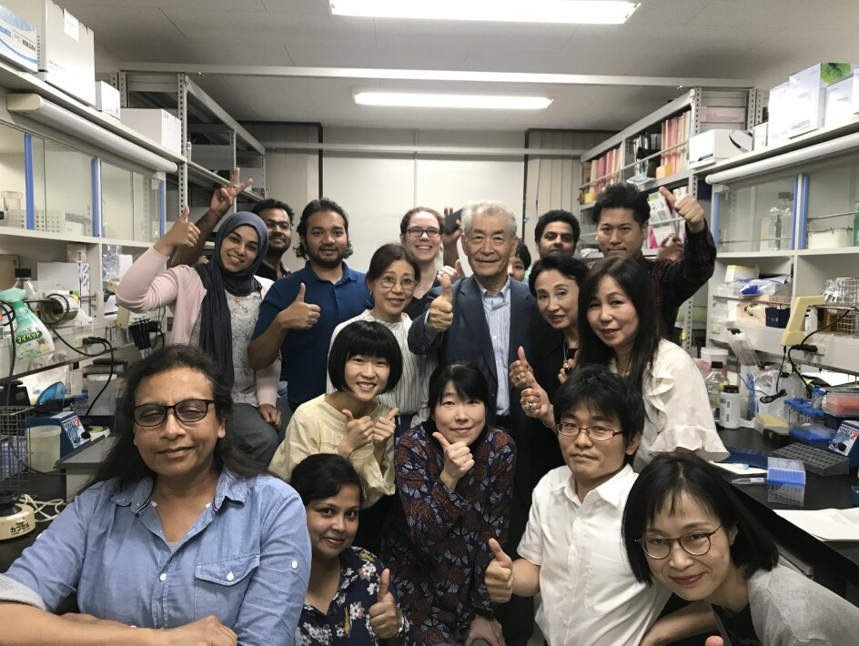 Tasuku Honjo og hans forskningsteam viser tommelen opp etter å ha fått nyheten om årets nobelpris i medisin. Bildet ble først lagt ut på Nobelpriskomiteens twitterkonto. (Foto: Kyoto University)