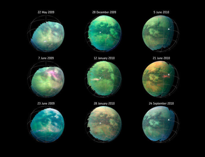 Sandstormer (på bilder i midten) på Titan sett av romsonden Cassini. (Grafikk: NASA/JPL-Caltech/University of Arizona/University Paris Diderot/IPGP/S. Rodriguez et al. 2018) Sandstormer (på bilder i midten) på Titan sett av romsonden Cassini. (Grafikk: NASA/JPL-Caltech/University of Arizona/University Paris Diderot/IPGP/S. Rodriguez et al. 2018)