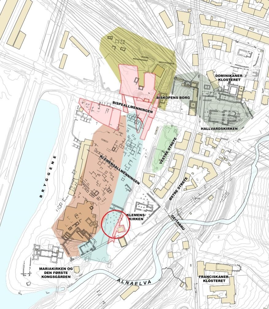 Utgravninger i middelalderbyen Oslo. Kirkegården til Nikolaikirken er markert med rød sirkel. Utgravningsområdet for kirkegården er farget lyserødt. De øvrige lyserøde områdene er NIKUs utgravningsområder i forbindelse med Follobaneprosjektet 2013–18. (Illustrasjon: Håvard Hegdal /NIKU) Utgravninger i middelalderbyen Oslo. Kirkegården til Nikolaikirken er markert med rød sirkel. Utgravningsområdet for kirkegården er farget lyserødt. De øvrige lyserøde områdene er NIKUs utgravningsområder i forbindelse med Follobaneprosjektet 2013–18. (Illustrasjon: Håvard Hegdal /NIKU)