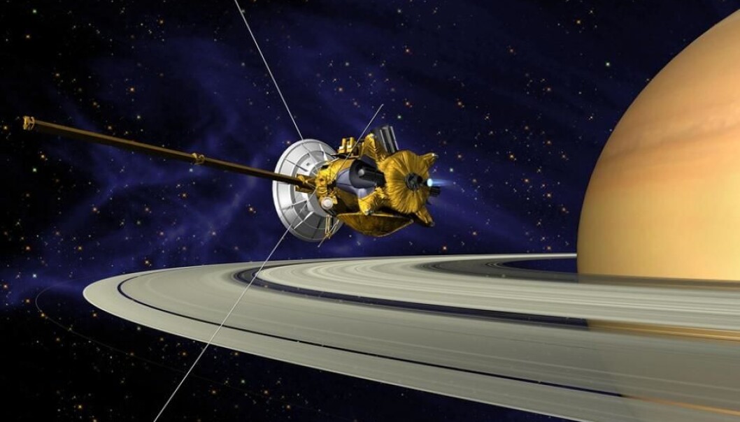 Tegning av Cassini over Saturns ringer. (Illustrasjon: Nasa/JPL-Caltech/Space Science Institute) Tegning av Cassini over Saturns ringer. (Illustrasjon: Nasa/JPL-Caltech/Space Science Institute)