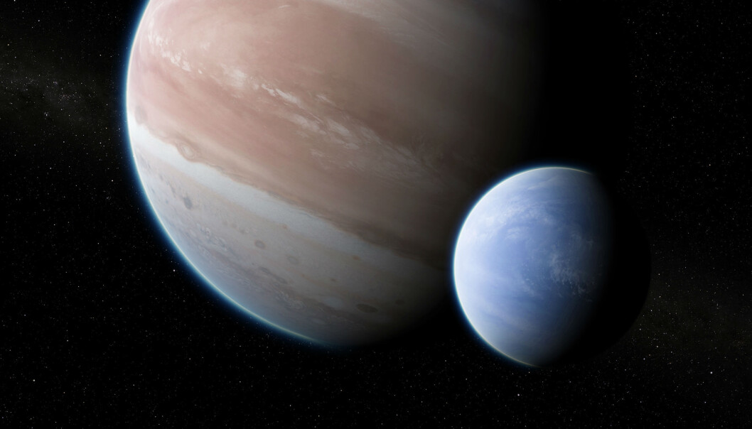 Kanskje er det slik Kepler-1625b og månen dens ser ut. Hvis månen finnes da. Planeten og månen har omtrent samme størrelse i forhold til hverandre som jorda og månen. Men de er 11 ganger større. (Illustrasjon: Dan Durda) Kanskje er det slik Kepler-1625b og månen dens ser ut. Hvis månen finnes da. Planeten og månen har omtrent samme størrelse i forhold til hverandre som jorda og månen. Men de er 11 ganger større. (Illustrasjon: Dan Durda)