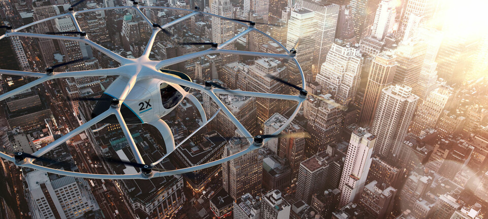Transportselskapet Uber er med på planene om skytteltrafikk med det elektriske helikopteret Volocopter under verdensutstillingen i Dubai i 2020. Prøvedrift skal starte med myndighetenes velsignelse allerede i slutten av 2017, ifølge den tyske produsenten. (Illustrasjon: Volocopter)