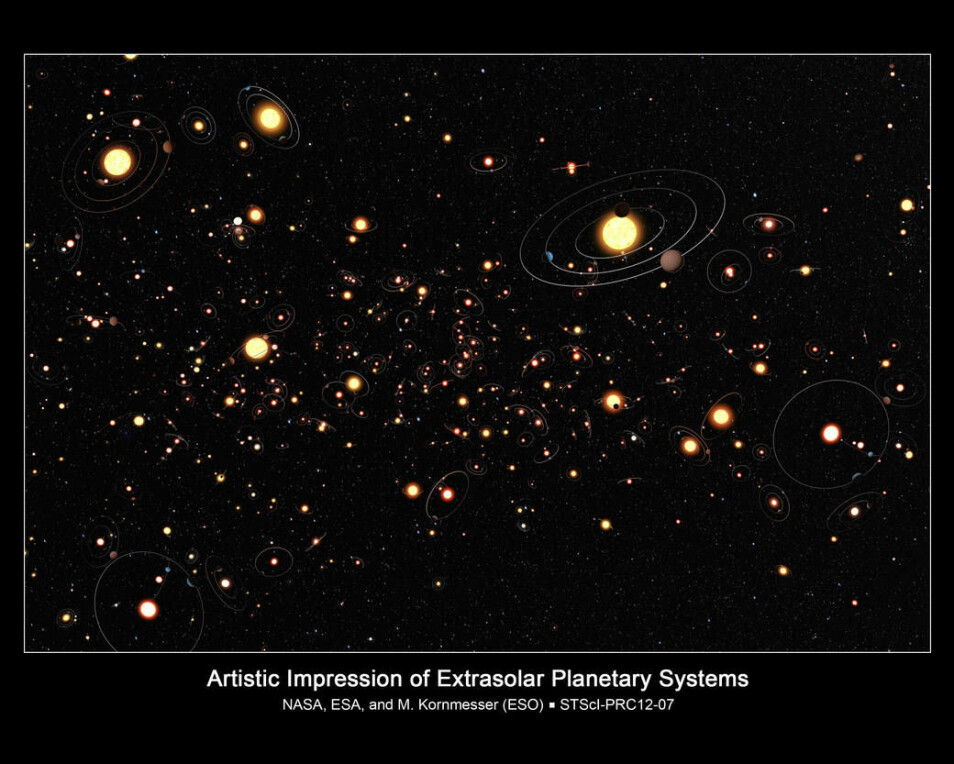 En kunstner har laget dette bildet av planeter i vår galakse som heter Melkeveien. Forskere har funnet ut at det kanskje finnes 10 000 000 000 000 planeter som er laget av stein slik som Jorden – og det er bare i Melkeveien. I tillegg finnes det milliarder av andre galakser i universet. Er vi de eneste levende i denne mørke uendeligheten? (Kilde: NASA, ESA and M. Kornmesser (ESO))