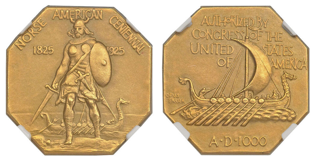 Medalje fra hundreårsjubileet til den norsk-amerikanske immigrasjonen i 1925. Medaljen, som viser en vikingkriger som går i land i Amerika på fremsiden og et vikingskip på baksiden, hentyder til vikingenes tidlige utforskning i Nord-Amerika. (Foto: Heritage Auction / Wikimedia Commons CC BY-SA 4.0) Medalje fra hundreårsjubileet til den norsk-amerikanske immigrasjonen i 1925. Medaljen, som viser en vikingkriger som går i land i Amerika på fremsiden og et vikingskip på baksiden, hentyder til vikingenes tidlige utforskning i Nord-Amerika. (Foto: Heritage Auction / Wikimedia Commons CC BY-SA 4.0)