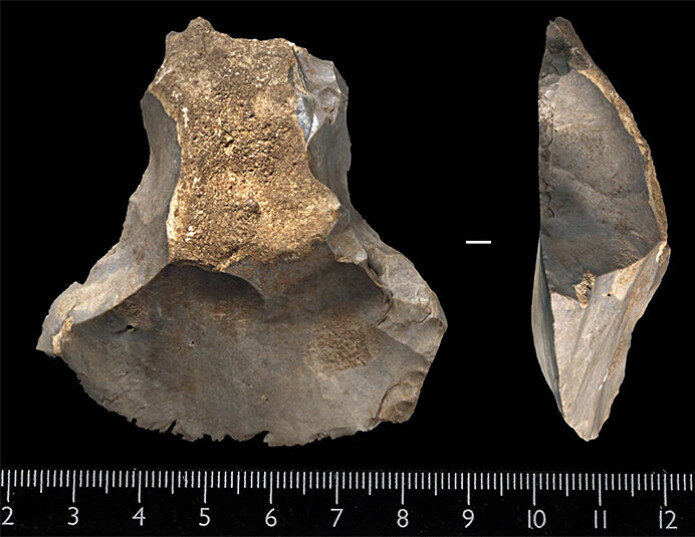Øks laget av et stort flintstykke fra en av Norges eldste utgravde boplasser, Pauler 1 (ca. 9200 f.Kr.) i Larvik, Vestfold. Både formen, råstoffvalget og produksjonsmåten til denne øksen er helt ulikt funnet fra Stokke. De mange forskjellene kan forklares i dyptgripende og store samfunnsendringer på slutten av 8000-tallet f.Kr. (Foto: Kirsten Helgeland, KHM) Øks laget av et stort flintstykke fra en av Norges eldste utgravde boplasser, Pauler 1 (ca. 9200 f.Kr.) i Larvik, Vestfold. Både formen, råstoffvalget og produksjonsmåten til denne øksen er helt ulikt funnet fra Stokke. De mange forskjellene kan forklares i dyptgripende og store samfunnsendringer på slutten av 8000-tallet f.Kr. (Foto: Kirsten Helgeland, KHM)