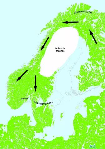 Den smeltende innlandsisen på den skandinaviske halvøy ga jeger- og sankerfolkene en mulighet til å forflytte seg vestover på 8000-tallet f.Kr. Naturforhold og gjenstandsfunn taler for at ruten gikk rundt Bottenviken og sørover på den Skandinaviske halvøy. (Kartgrunnlag: Knut Påsse, SGU)