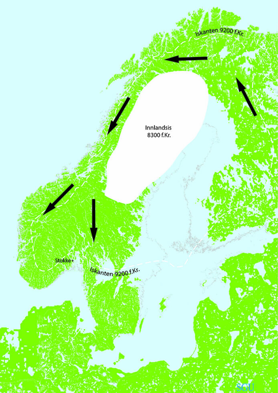 Den smeltende innlandsisen på den skandinaviske halvøy ga jeger- og sankerfolkene en mulighet til å forflytte seg vestover på 8000-tallet f.Kr. Naturforhold og gjenstandsfunn taler for at ruten gikk rundt Bottenviken og sørover på den Skandinaviske halvøy. (Kartgrunnlag: Knut Påsse, SGU)