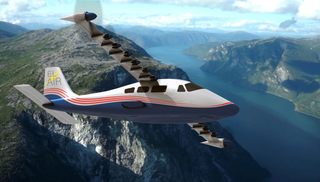 Første generasjon elektriske passasjerfly vil ha plass til 10 – 20 passasjerer og egne seg for kortere reiser. De vil være godt egnet for det norske kortbanenettet. Her er et tenkt passasjerfly over Sognefjorden, underveis til Sogndal Haukåsen flyplass. (Illustrasjon: NASA Graphic / NASA Langley/Advanced Concepts Lab, AMA, Inc. modifisert av forskning.no. Bakgrunnsfoto: Arnfinn Christensen, forskning.no) Første generasjon elektriske passasjerfly vil ha plass til 10 – 20 passasjerer og egne seg for kortere reiser. De vil være godt egnet for det norske kortbanenettet. Her er et tenkt passasjerfly over Sognefjorden, underveis til Sogndal Haukåsen flyplass. (Illustrasjon: NASA Graphic / NASA Langley/Advanced Concepts Lab, AMA, Inc. modifisert av forskning.no. Bakgrunnsfoto: Arnfinn Christensen, forskning.no)