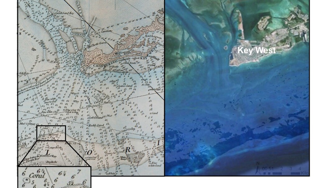 Key West i Florida den gang da i 1774 (til venstre) og nå slik det ser ut på Google Earth. (Illustrasjon: Loren McClenachan) Key West i Florida den gang da i 1774 (til venstre) og nå slik det ser ut på Google Earth. (Illustrasjon: Loren McClenachan)