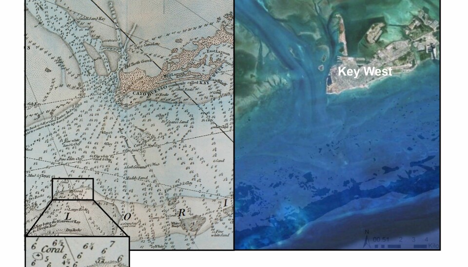 Key West i Florida den gang da i 1774 (til venstre) og nå slik det ser ut på Google Earth. (Illustrasjon: Loren McClenachan)