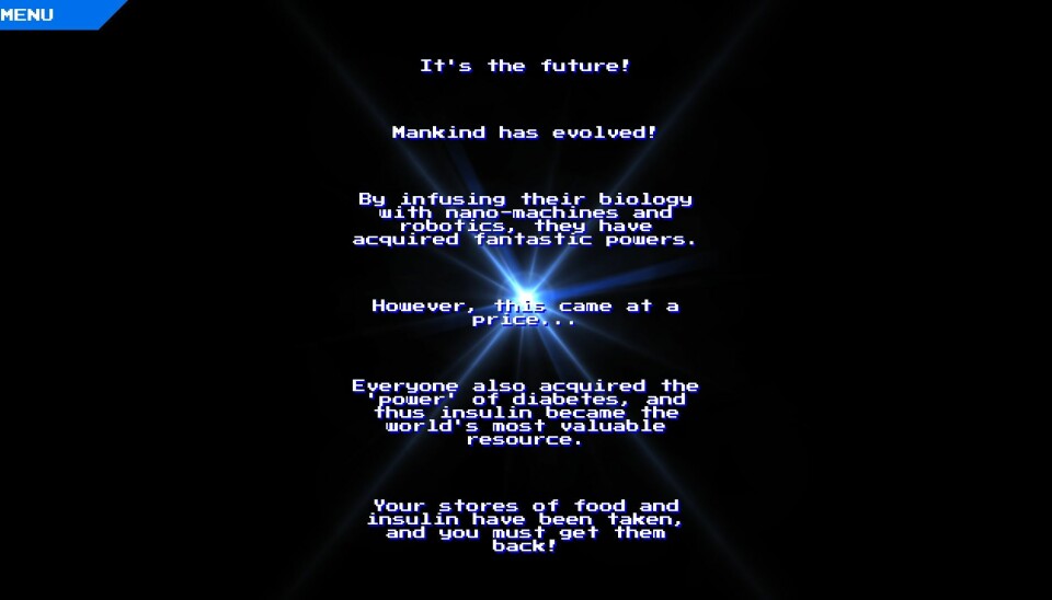 Teksten beskriver scenarioet fra spillet – en fjern fremtid hvor alle har fått diabetes. (Skjermdump fra Diabetes-spillet)