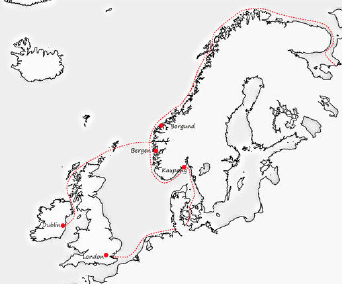 Kartet viser vikingane sine ruter. Ottar frå Hålogaland var ein mektig mann, og eigde land heilt til det som i dag er Finnmark. Han krevde inn skatt frå samane - i form av skinn. Reinsskinn er difor òg blant det som er funne i Irland, det har nok vore ein form for valuta. (Foto: Frå utstillinga/Universitetsmuseet) Kartet viser vikingane sine ruter. Ottar frå Hålogaland var ein mektig mann, og eigde land heilt til det som i dag er Finnmark. Han krevde inn skatt frå samane - i form av skinn. Reinsskinn er difor òg blant det som er funne i Irland, det har nok vore ein form for valuta. (Foto: Frå utstillinga/Universitetsmuseet)