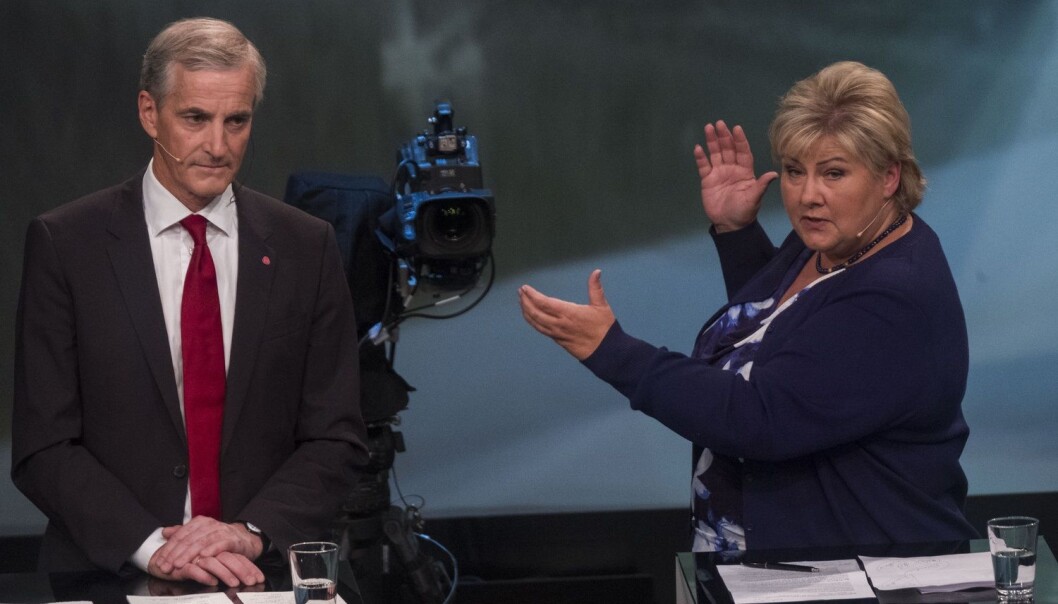Arbeiderpartiets leder Jonas Gahr Støre og Høyre-leder Erna Solberg havner i mange harde dueller i valgkampen. Men en SSB-sammenstilling viser at norske regjeringer uavhengig av farge har brukt offentlige midler forbausende likt de siste 15 årene. (Foto: Tor Erik Schrøder / NTB scanpix) Arbeiderpartiets leder Jonas Gahr Støre og Høyre-leder Erna Solberg havner i mange harde dueller i valgkampen. Men en SSB-sammenstilling viser at norske regjeringer uavhengig av farge har brukt offentlige midler forbausende likt de siste 15 årene. (Foto: Tor Erik Schrøder / NTB scanpix)