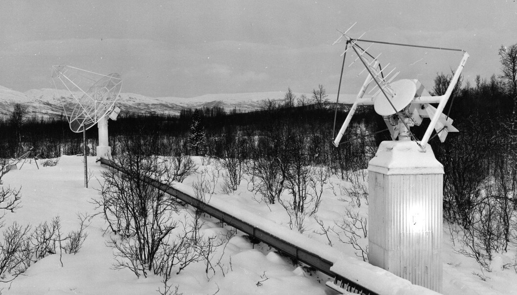 Antenner for mottak og sending ved Tromsø Telemetristasjon i 1967. (Foto: KSAT) Antenner for mottak og sending ved Tromsø Telemetristasjon i 1967. (Foto: KSAT)