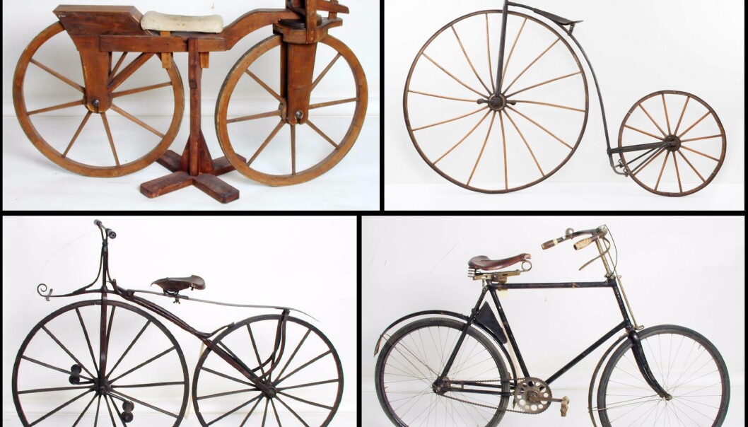 Øverst til venstre kopi av en løpemaskin fra 1820-tallet. Under den en «boneshaker» fra 1860-tallet. Øverst til høyre en veltepetter fra omkring 1870. Og til slutt det store gjennombruddet: En sikkrhetssykkel fra 1890-årene. (Foto: Norsk teknisk museum) Øverst til venstre kopi av en løpemaskin fra 1820-tallet. Under den en «boneshaker» fra 1860-tallet. Øverst til høyre en veltepetter fra omkring 1870. Og til slutt det store gjennombruddet: En sikkrhetssykkel fra 1890-årene. (Foto: Norsk teknisk museum)