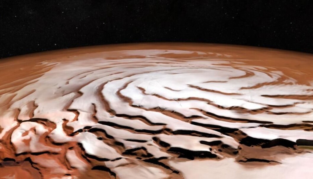 Nordpolen på Mars er dekket av is. Hvis snøen faller her, blir den liggende. (Foto: ESA/DLR/FU Berlin; NASA MGS MOLA Science Team) Nordpolen på Mars er dekket av is. Hvis snøen faller her, blir den liggende. (Foto: ESA/DLR/FU Berlin; NASA MGS MOLA Science Team)