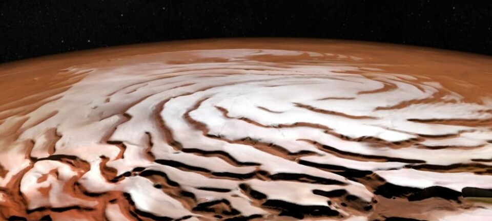Nordpolen på Mars er dekket av is. Hvis snøen faller her, blir den liggende.  (Foto: ESA/DLR/FU Berlin; NASA MGS MOLA Science Team)