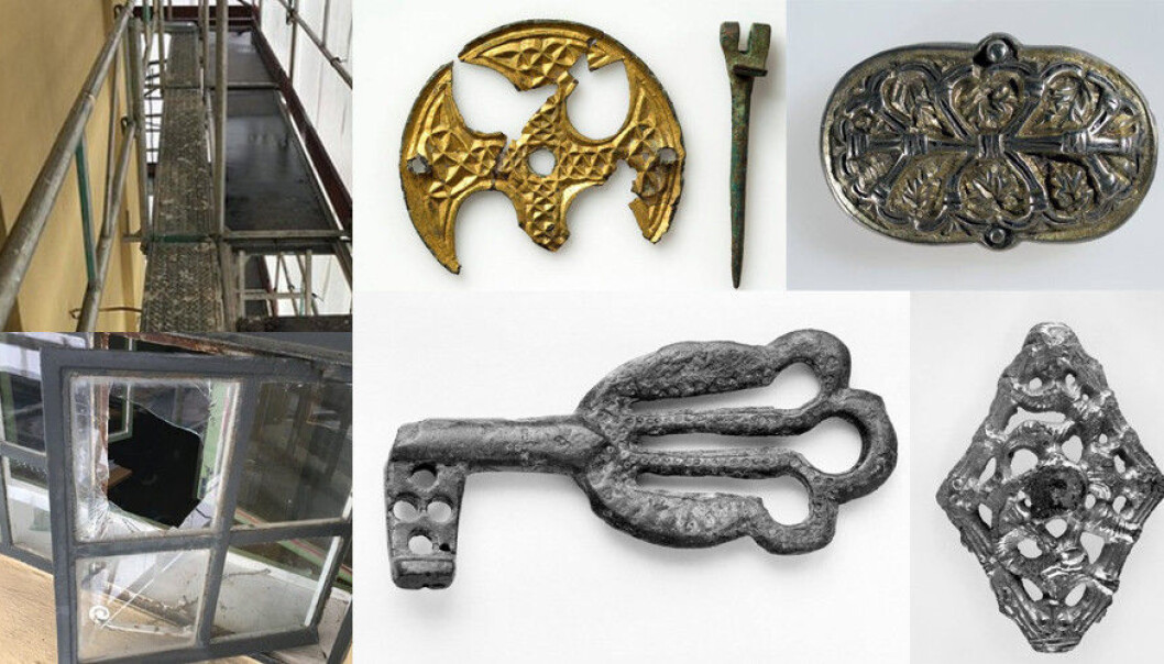 Tjuvane knuste ei rute i sjuande etasje i museumstårnet og tok seg inn i magasinlagera ein gong i løpet av førre helg. No vert det jobba på spreng for å få dei stolne gjenstandane tilbake (Foto: Universitetsmuseet/Politiet) Tjuvane knuste ei rute i sjuande etasje i museumstårnet og tok seg inn i magasinlagera ein gong i løpet av førre helg. No vert det jobba på spreng for å få dei stolne gjenstandane tilbake (Foto: Universitetsmuseet/Politiet)